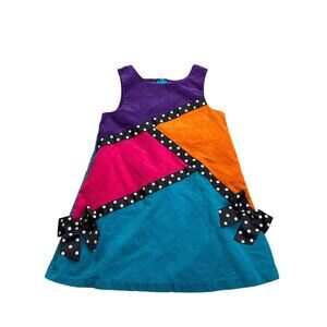 Vintage Y2K Bonnie Jean Girls Colorblock Corduroy Dress Size 4 Polka Dot Bows